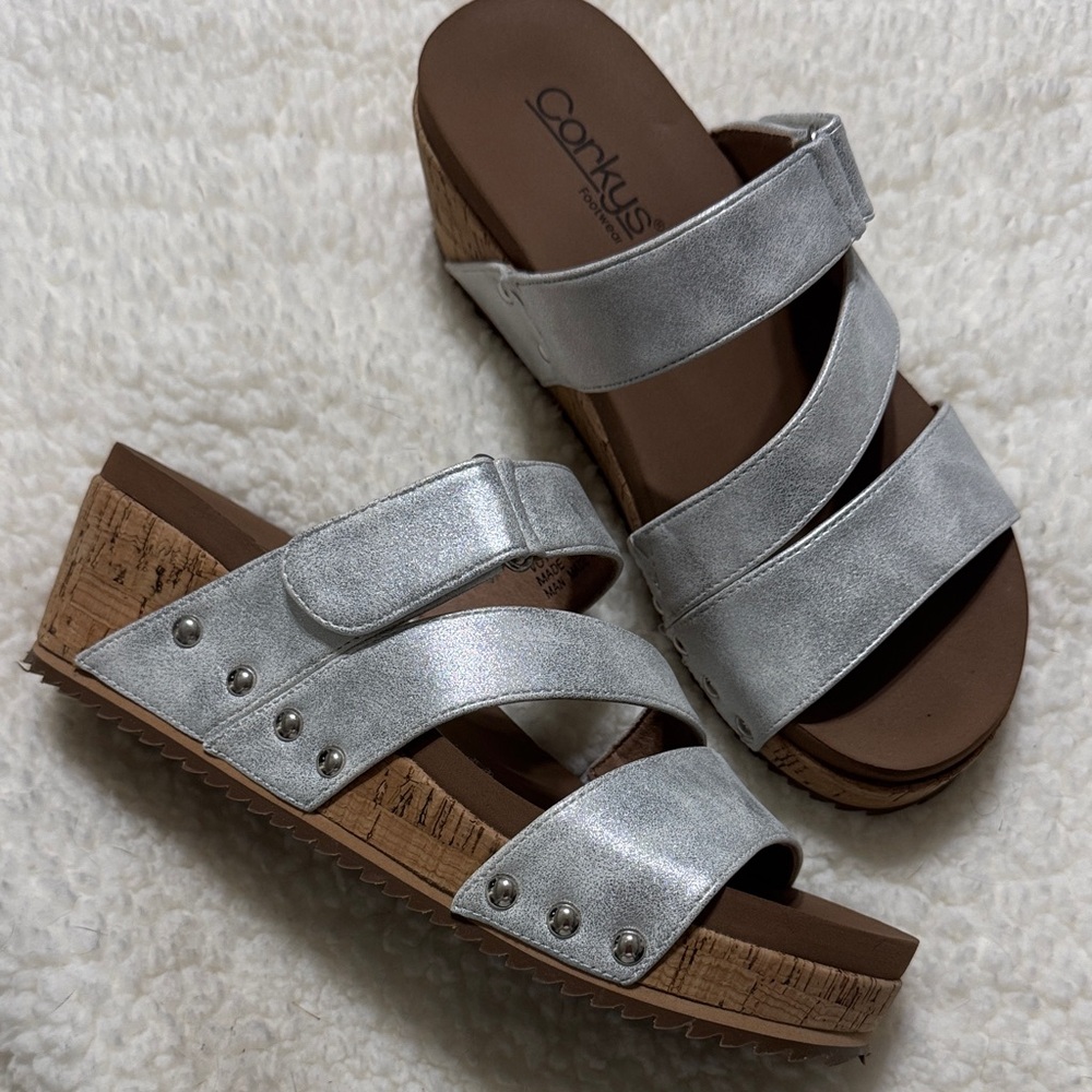 Corkys Shimmering Silver Wedge Sandals